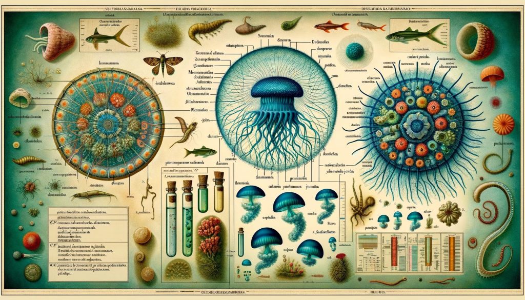Comparativa que ilustra la diferencia entre un ciclo de vida normal de una medusa y el ciclo de vida de la medusa Turritopsis dohrnii, destacando su capacidad única de regresar a un estado juvenil.