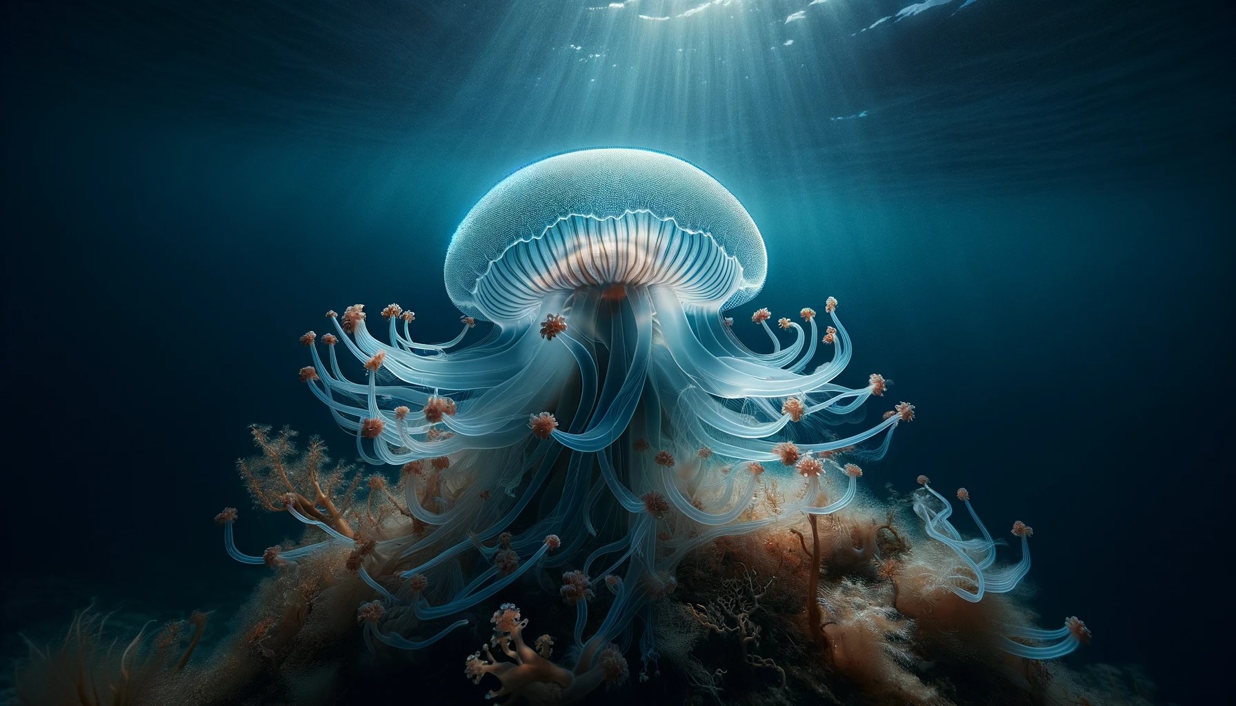 Una medusa Turritopsis dohrnii, con su cuerpo translúcido y tentáculos delicados, flotando en las profundidades del océano.
