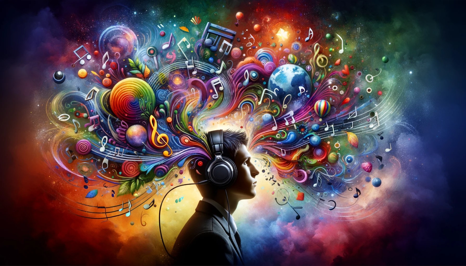 Una persona con auriculares está en el centro de la imagen, rodeada de notas musicales y formas abstractas coloridas que simbolizan emociones como la felicidad, la tristeza y la inspiración. La imagen representa cómo la música influye en la percepción del mundo de la persona, mostrando una mezcla de colores y símbolos musicales integrados de manera surrealista alrededor de ella.
