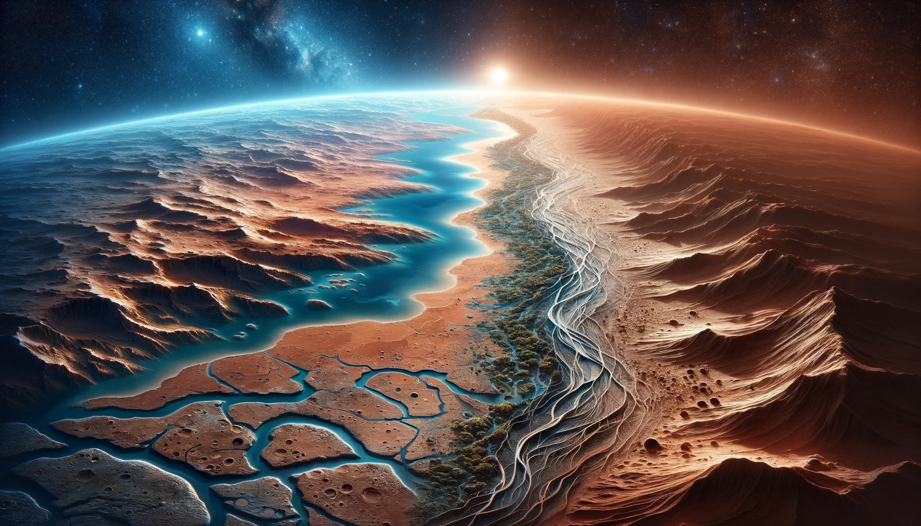Un paisaje marciano mostrando un mundo antiguo con ríos y océanos, contrastando con su estado actual árido y desértico. En una mitad, se observa un Marte vibrante y lleno de vida; en la otra, el Marte actual, seco y polvoriento