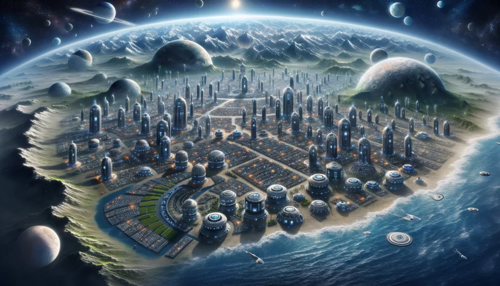 Ilustración de una colonia humana en un exoplaneta habitable, con edificaciones avanzadas y sistemas agrícolas autosuficientes.