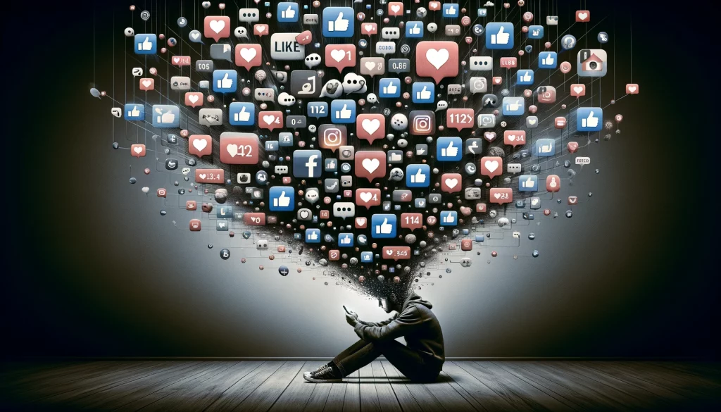 Muestra a una persona inmersa en su mundo digital, rodeada de íconos de 'like' y comentarios, simbolizando la mezcla de conexión y aislamiento que las redes sociales pueden crear​​