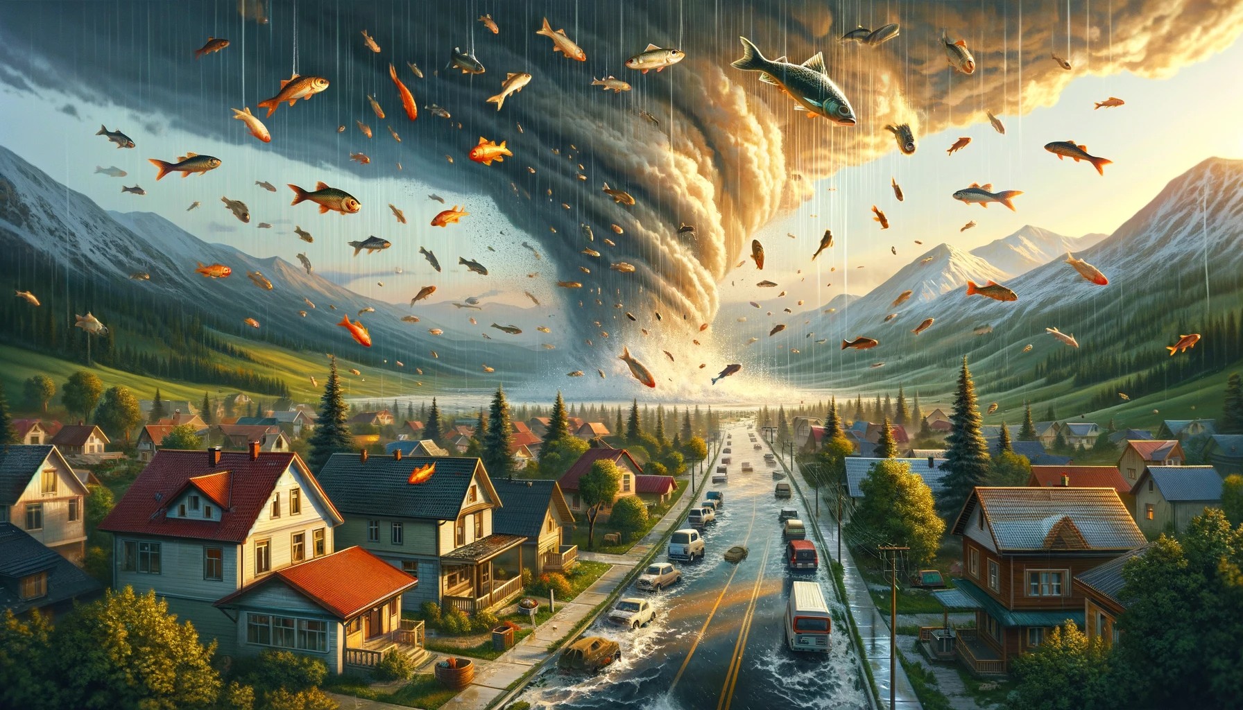 Una ilustración realista que muestra una pequeña ciudad con peces cayendo del cielo en medio de una tormenta.