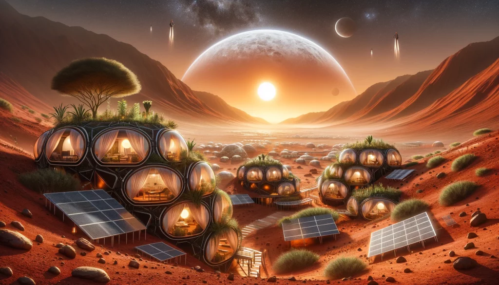 Representación artística de un hábitat humano en Marte, con domos geodésicos cubiertos de vegetación y paneles solares.