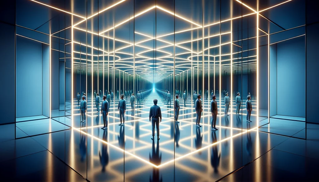 Un laberinto de espejos iluminado sutilmente, mostrando infinitas versiones de una persona reflejada desde diferentes ángulos