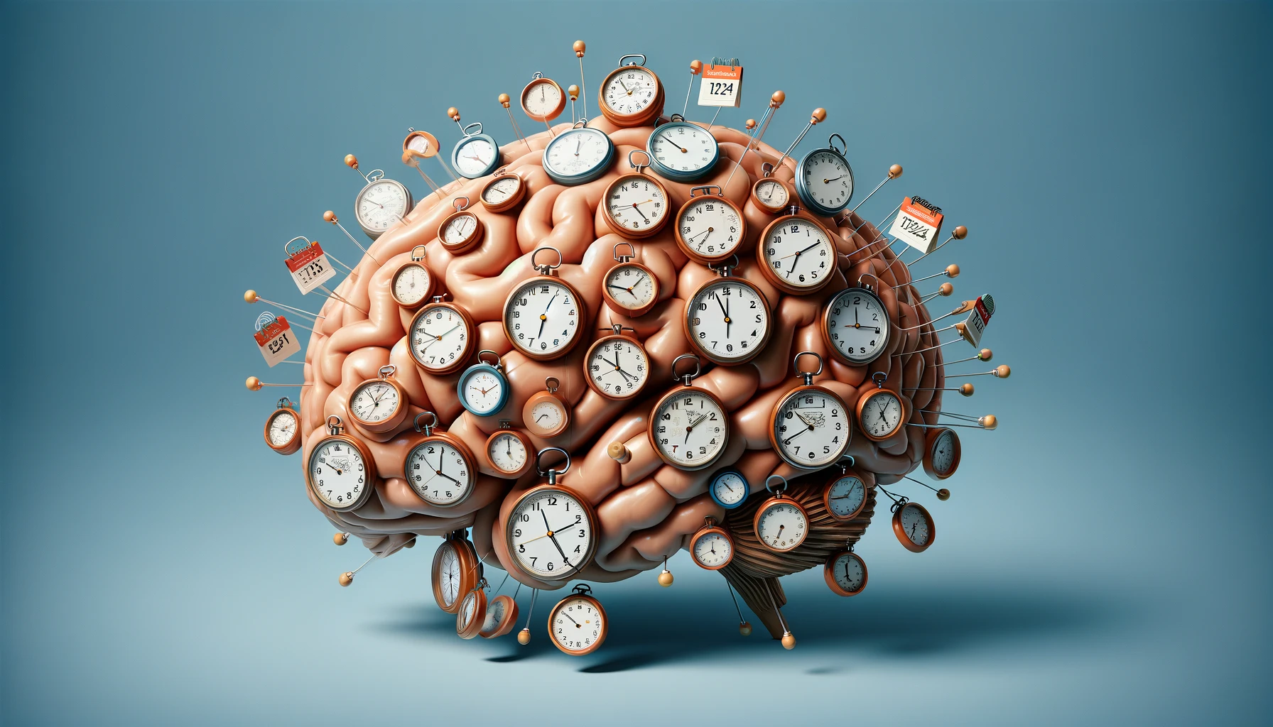 muestra un cerebro humano superpuesto con calendarios y relojes, simbolizando la habilidad de recordar cada día vivido